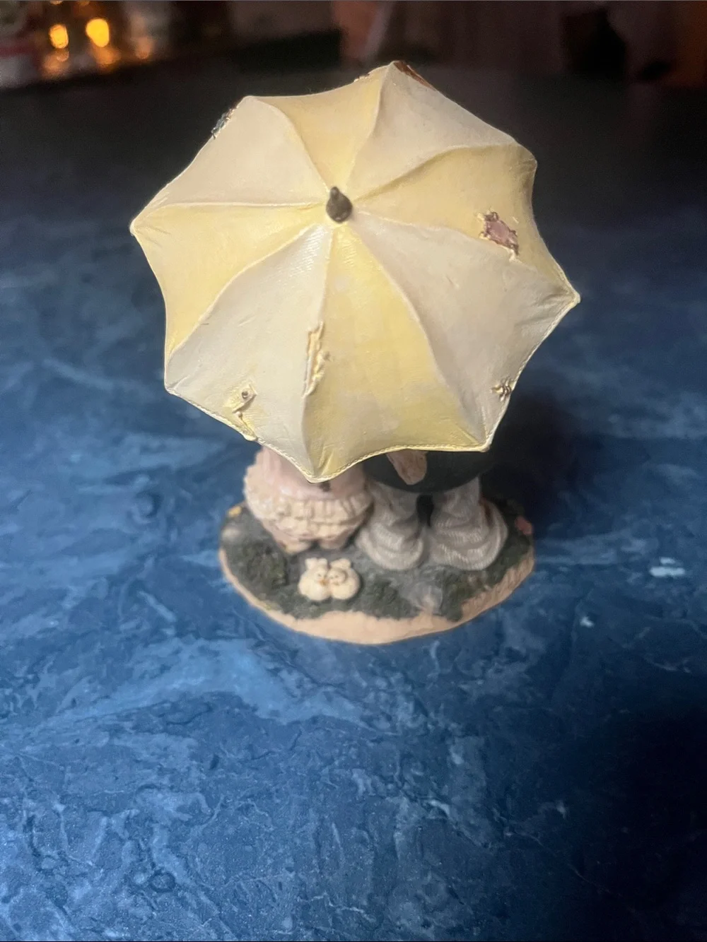 Boyds Bears Brown Couple Figurine with Yellow Umbrella and Pink Dress